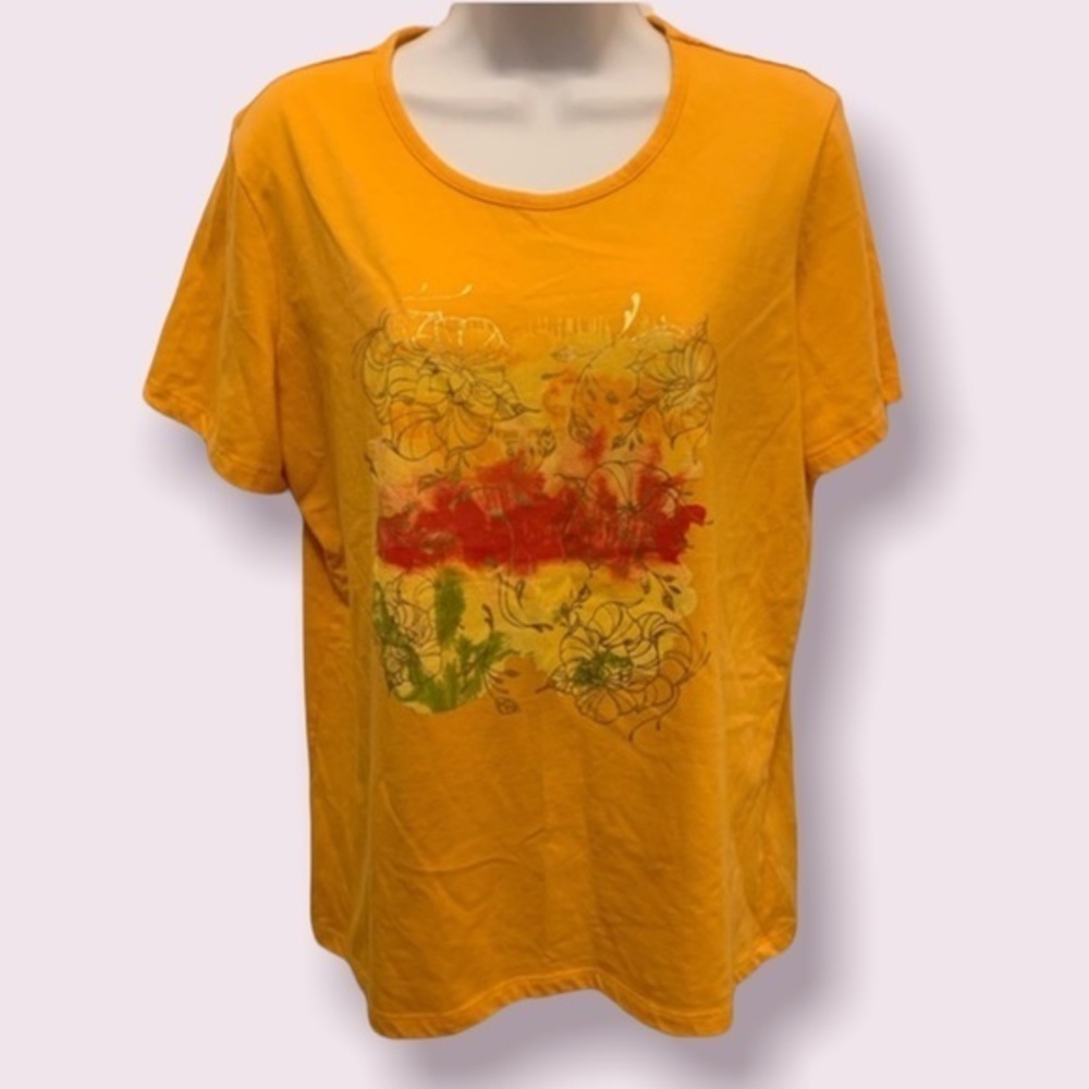 Coral Bay Womens Top Orange Floral Design Metallic Gold Size Large  NWOT